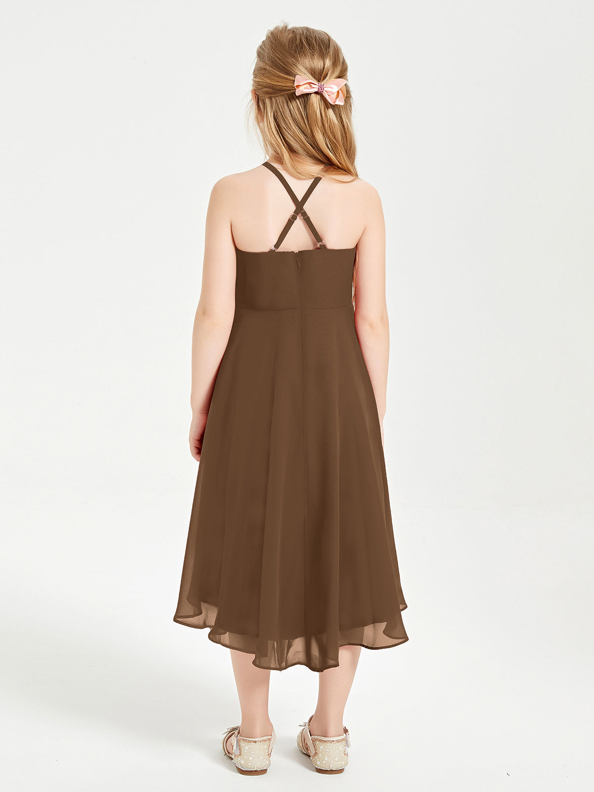 Tea Length Junior Bridesmaid Dresses with Asymmetrical Skirts Brown